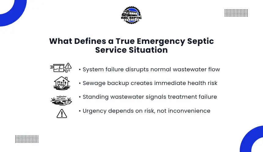 Educational graphic defining true emergency septic service risks now