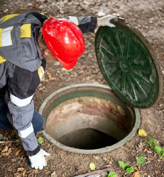 Technician opening a green septic tank access lid for inspection work