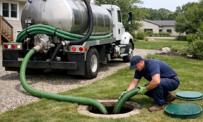 Technician using a vacuum hose for residential septic tank pumping