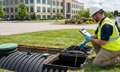 Technician using a service hose for septic tank inspection service