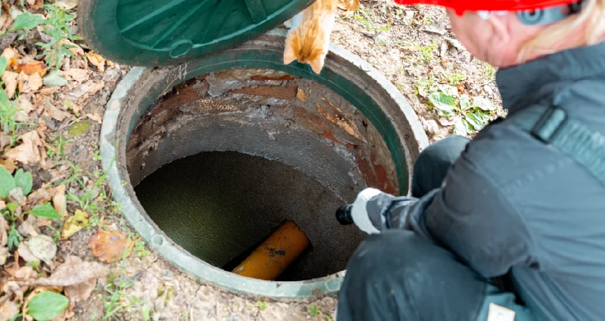 Hard-hat technician inspecting an open septic tank as a cat watches
