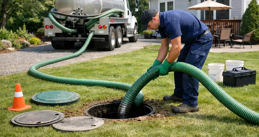 Technician using a green vacuum hose to pump a septic tank on site