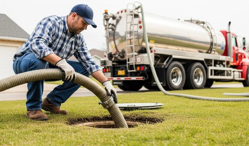 Technician in plaid pumping a residential septic tank with a truck