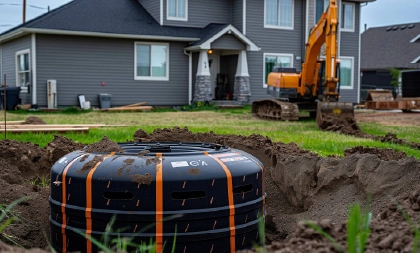 Excavation equipment installing a new septic tank at a home site now