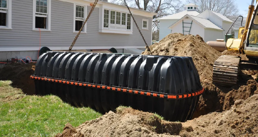 Heavy machinery lowering a plastic septic tank into a deep trench now
