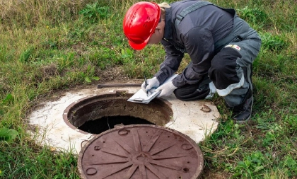 Technician in a red hard hat documenting septic system service notes