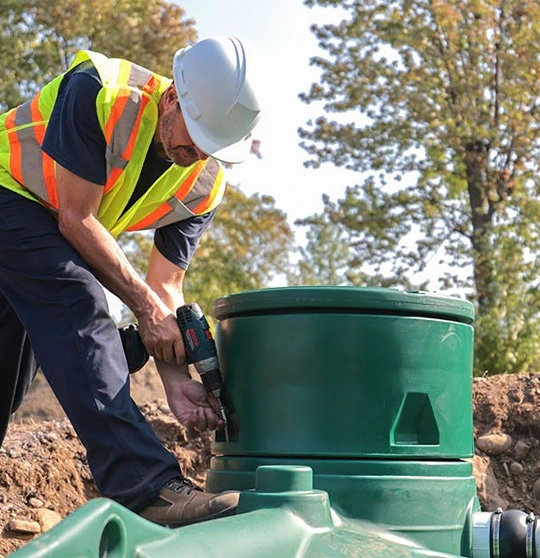 Technician drilling a green septic tank riser for secure access work
